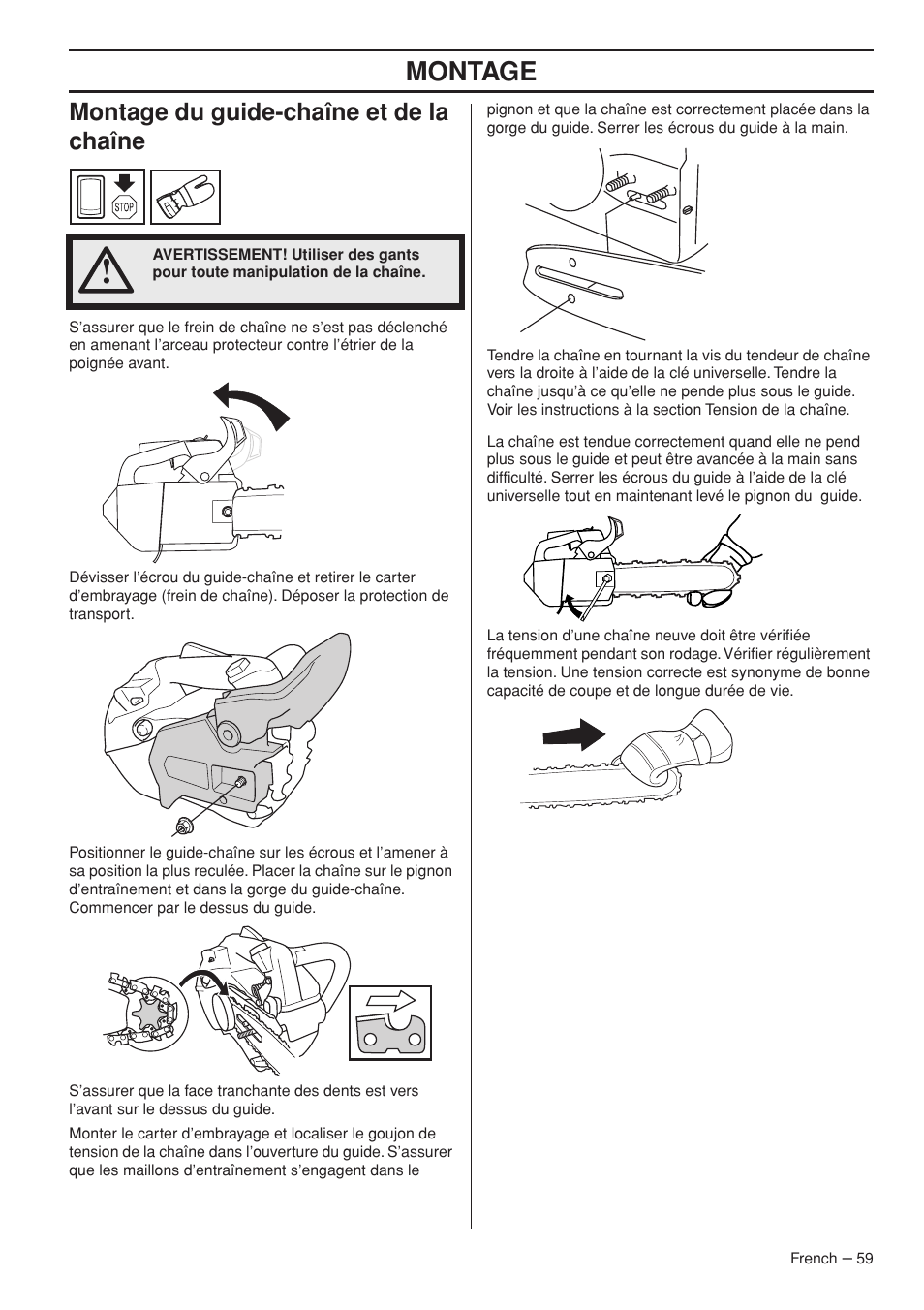Montage, Montage du guide-chaîne et de la chaîne | Husqvarna T435 User Manual | Page 59 / 132