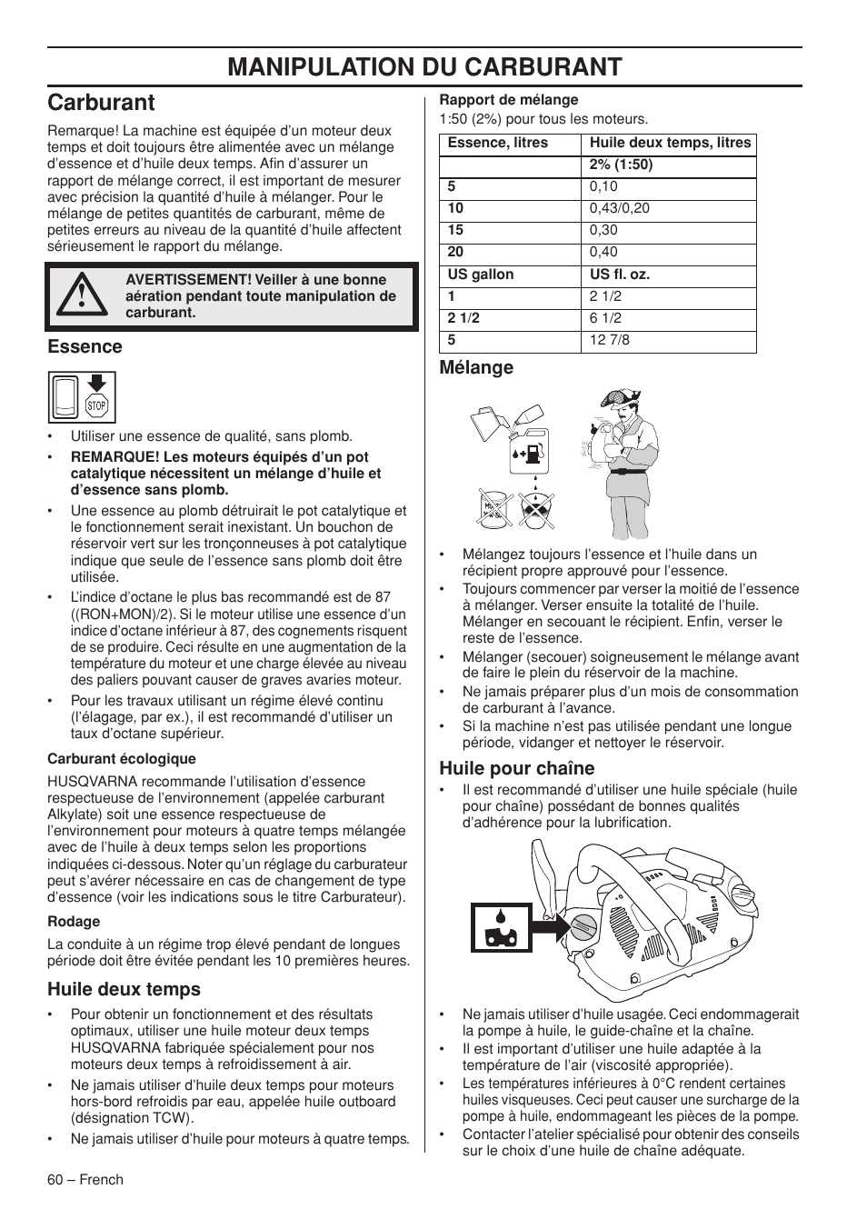 Manipulation du carburant, Carburant, Essence | Huile deux temps, Mélange, Huile pour chaîne | Husqvarna T435 User Manual | Page 60 / 132