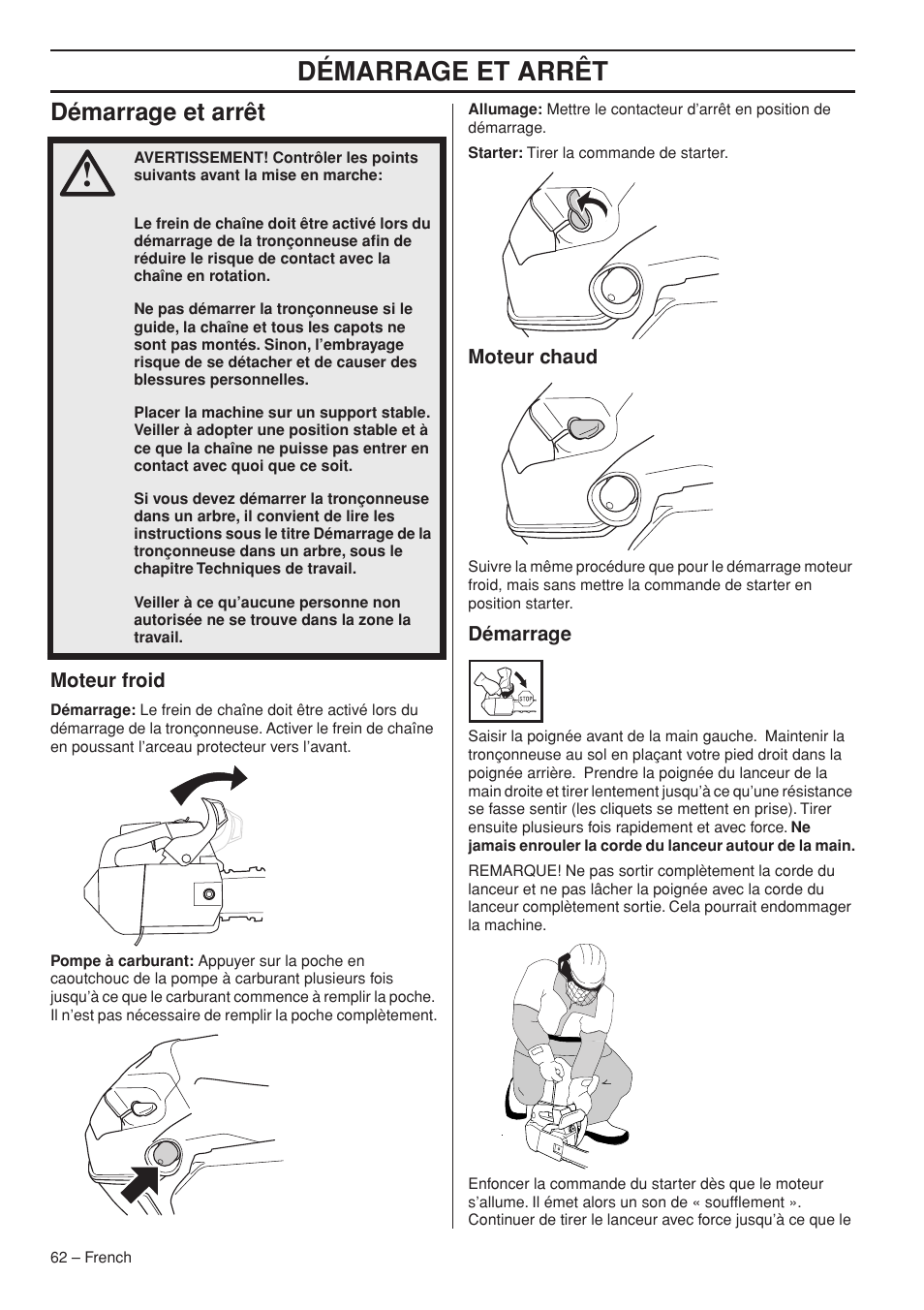 Démarrage et arrêt | Husqvarna T435 User Manual | Page 62 / 132