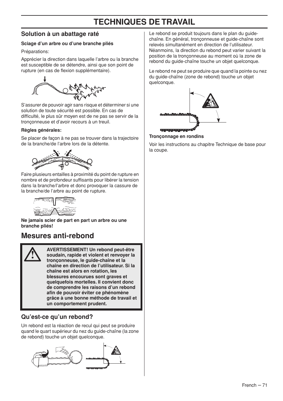 Techniques de travail, Mesures anti-rebond | Husqvarna T435 User Manual | Page 71 / 132