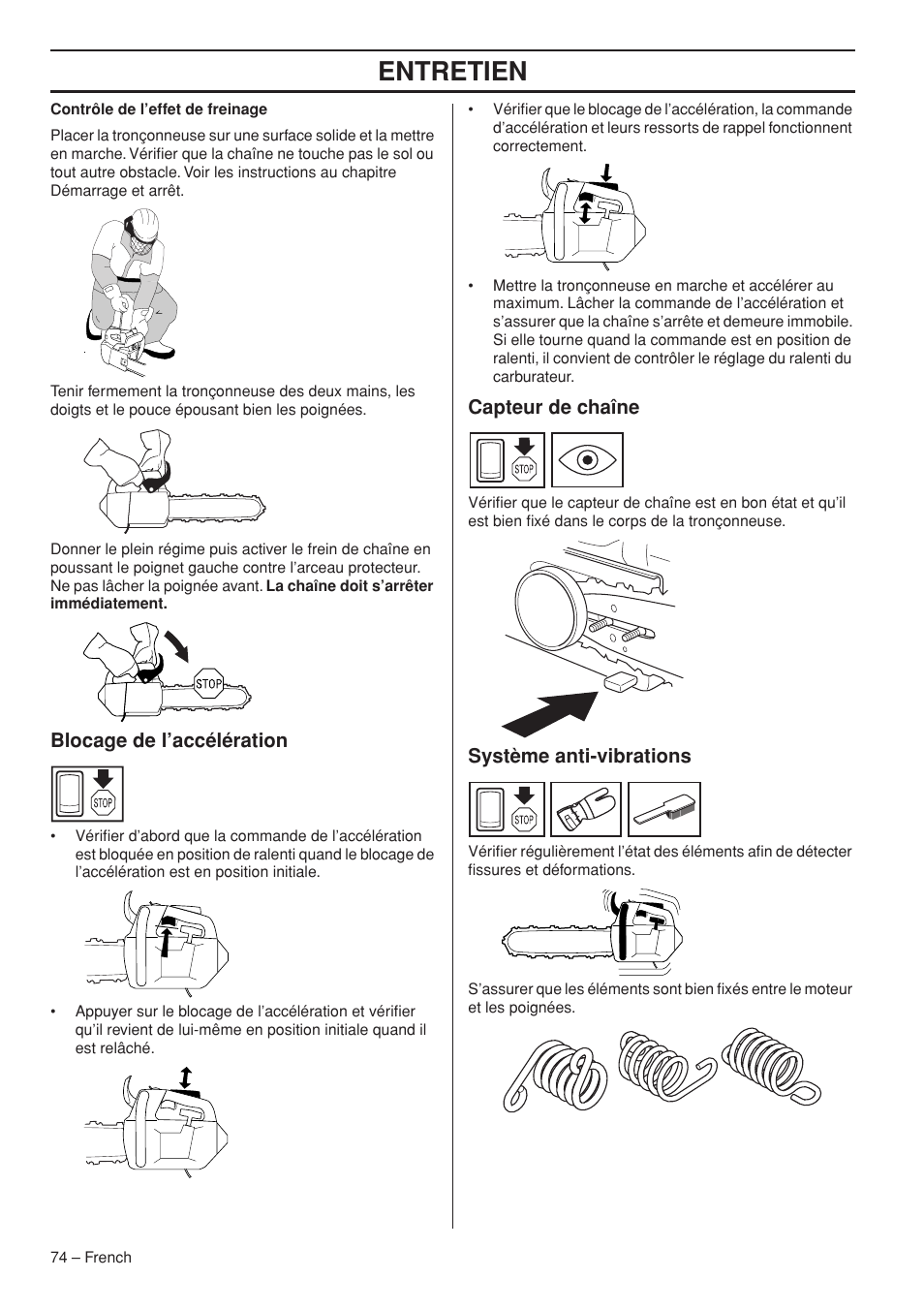 Entretien, Blocage de l’accélération, Capteur de chaîne | Système anti-vibrations | Husqvarna T435 User Manual | Page 74 / 132