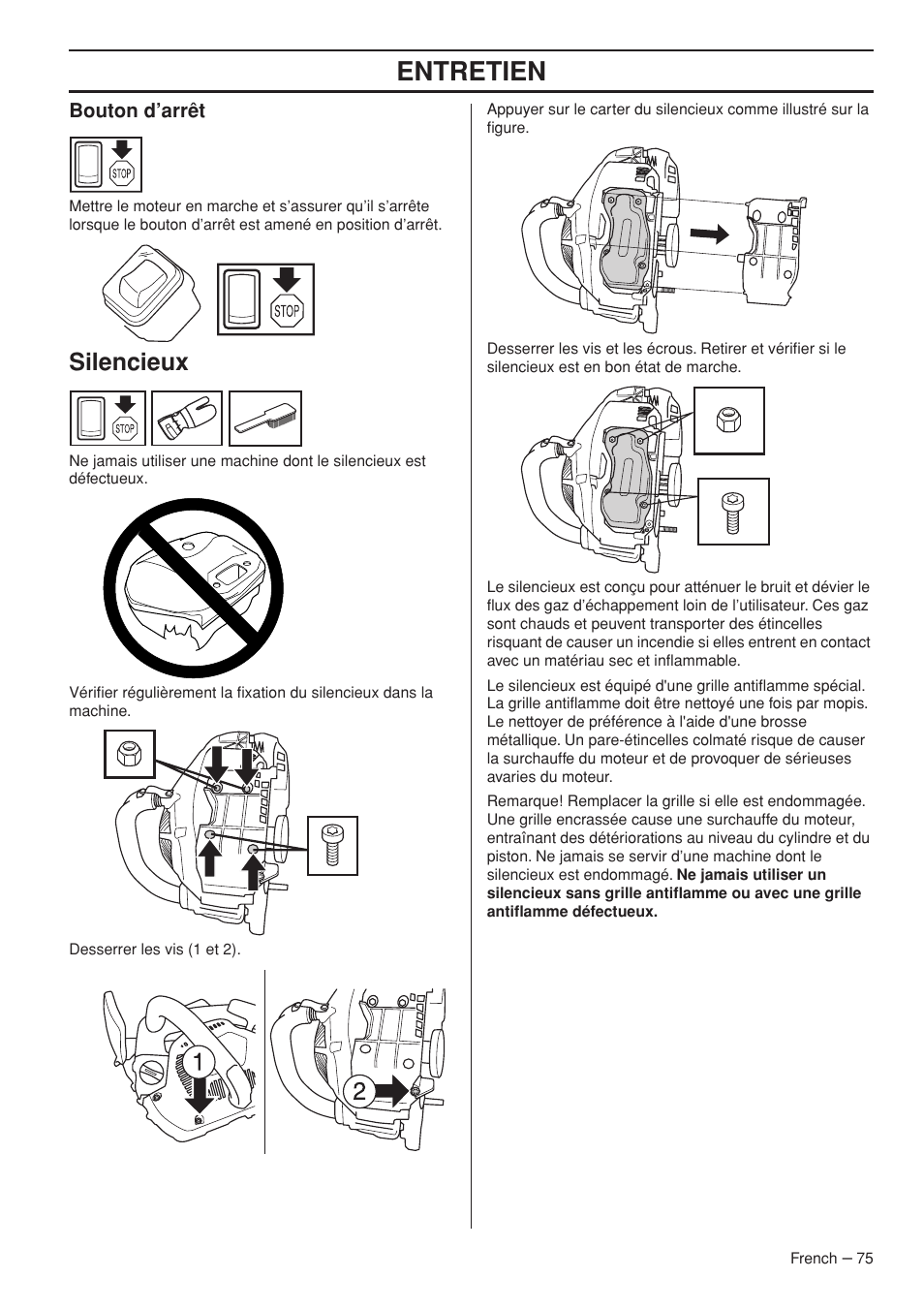 Entretien, Silencieux | Husqvarna T435 User Manual | Page 75 / 132