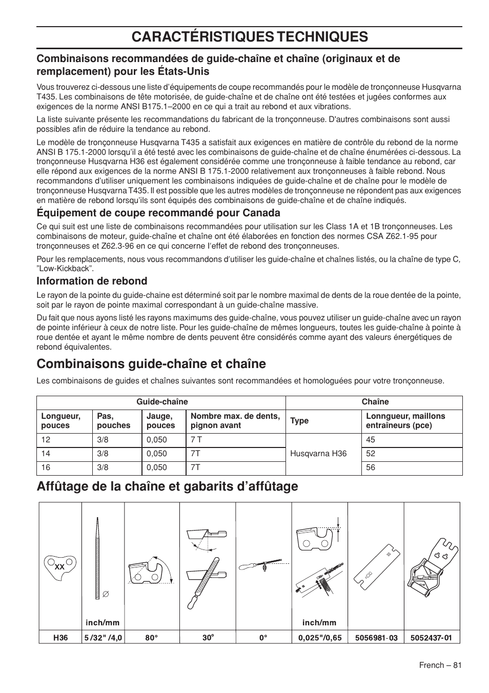 Entretien, Caractéristiques techniques, Combinaisons guide-chaîne et chaîne | Affûtage de la chaîne et gabarits d’affûtage, Équipement de coupe recommandé pour canada, Information de rebond | Husqvarna T435 User Manual | Page 81 / 132