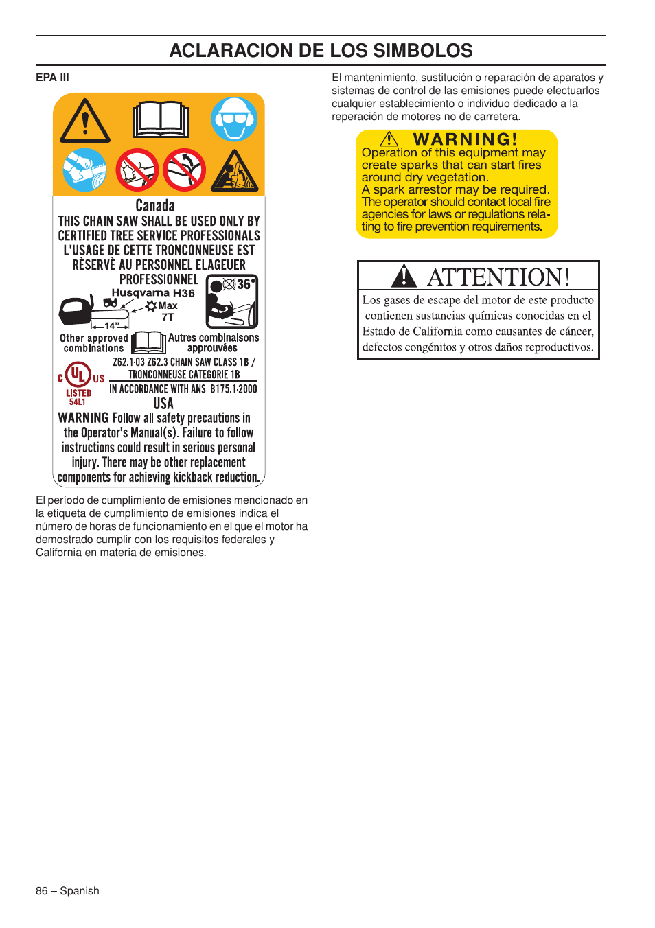 Aclaracion de los simbolos | Husqvarna T435 User Manual | Page 86 / 132
