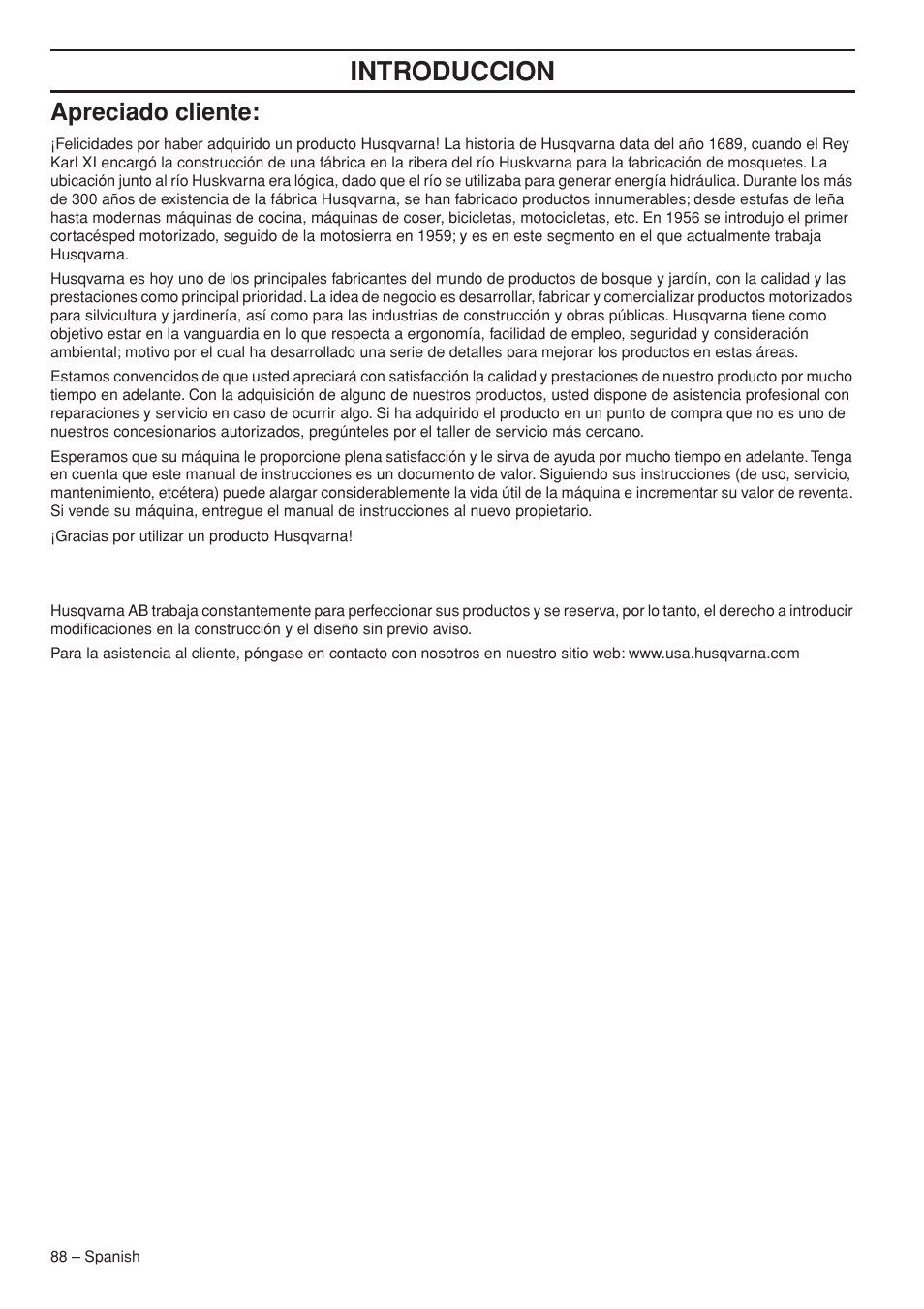 Introduccion, Apreciado cliente | Husqvarna T435 User Manual | Page 88 / 132