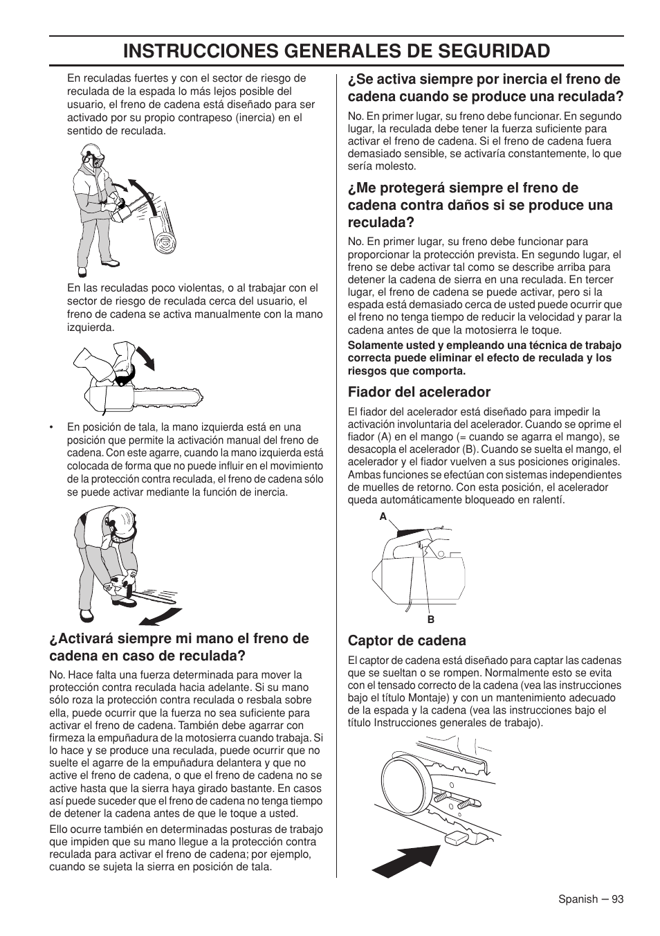 Instrucciones generales de seguridad | Husqvarna T435 User Manual | Page 93 / 132