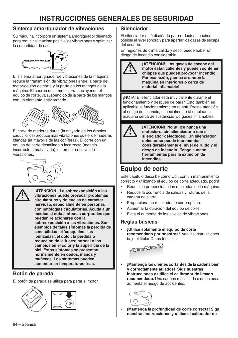 Instrucciones generales de seguridad, Equipo de corte | Husqvarna T435 User Manual | Page 94 / 132