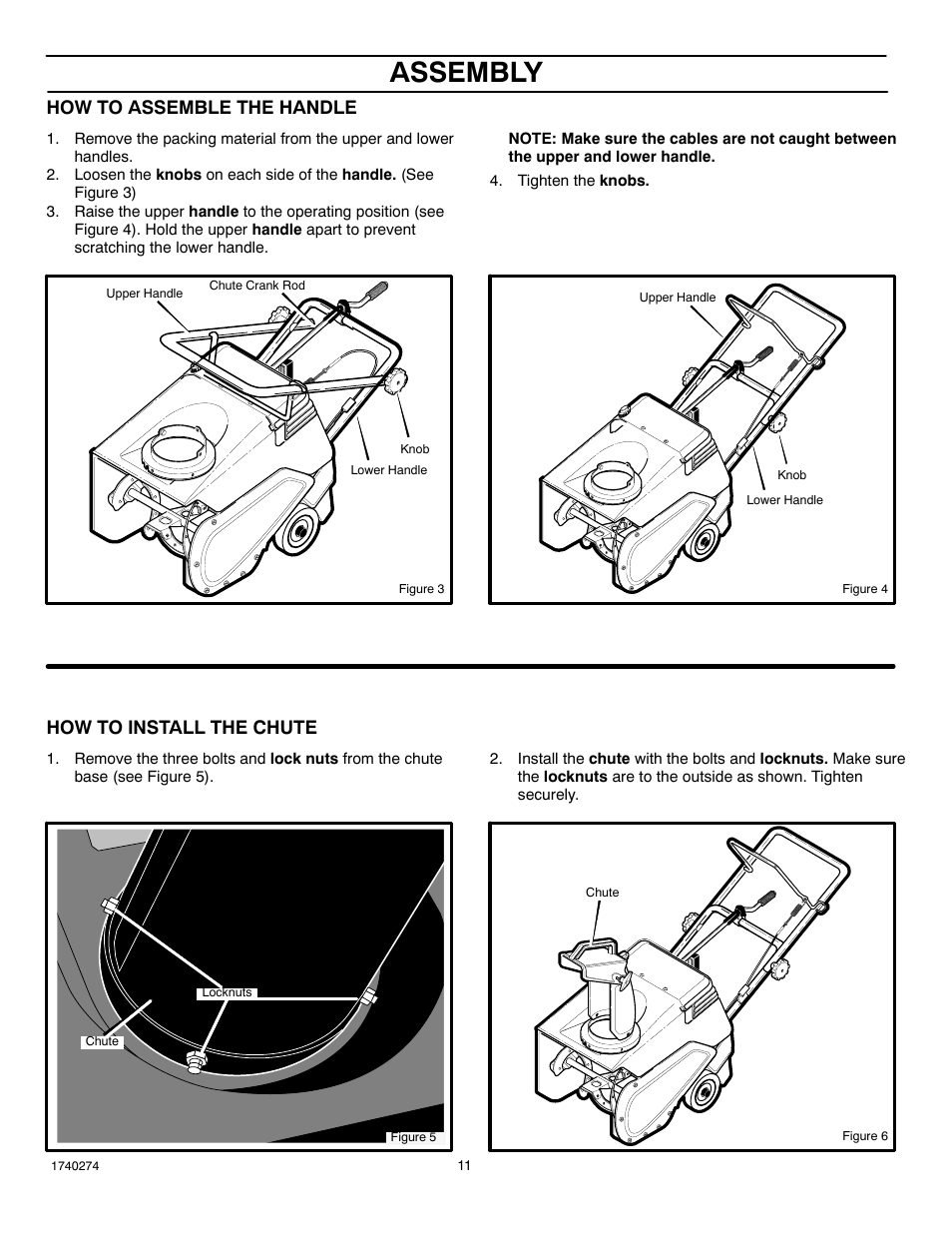 Assembly, How to assemble the handle, How to install the chute | Husqvarna 521SSR User Manual | Page 11 / 28