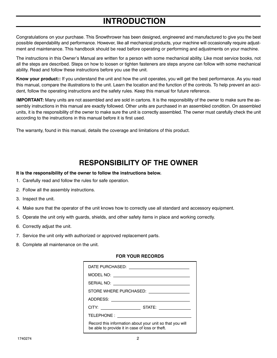 Introduction, Owner responsibilities, Responsibility of the owner | Husqvarna 521SSR User Manual | Page 2 / 28