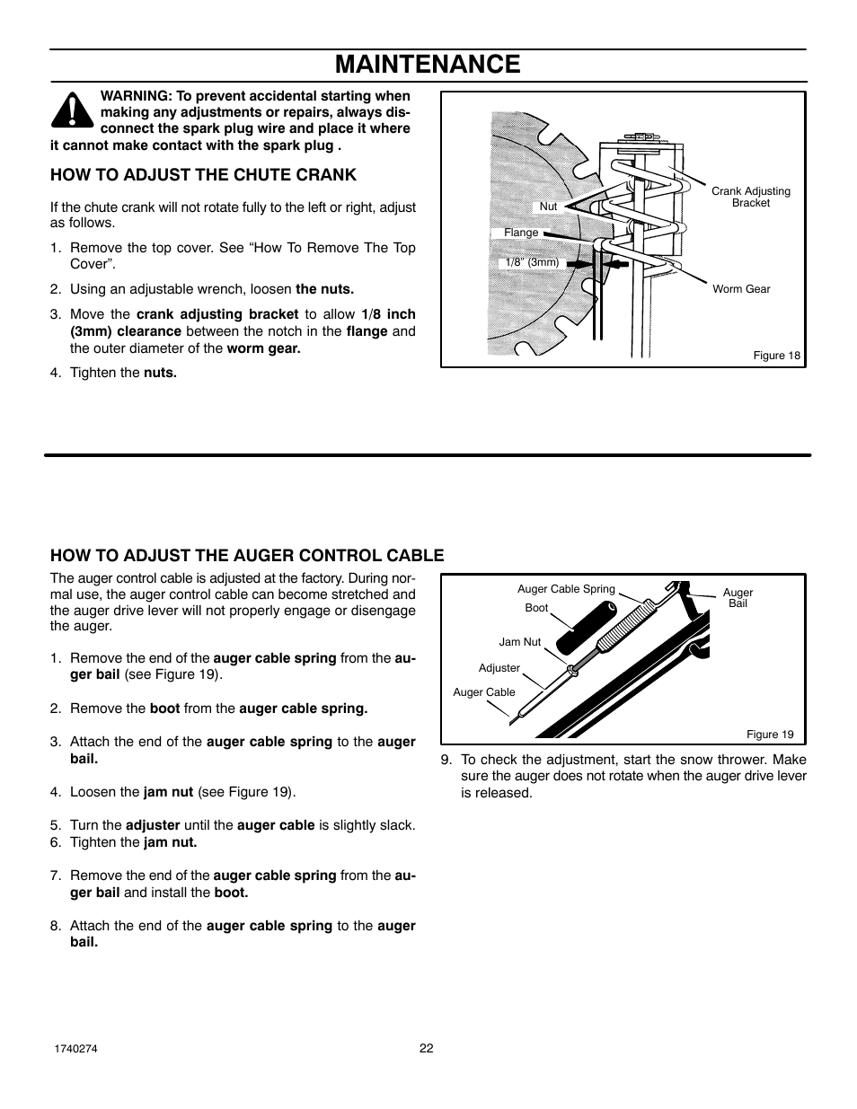 Maintenance, How to adjust the chute crank, How to adjust the auger control cable | Husqvarna 521SSR User Manual | Page 22 / 28