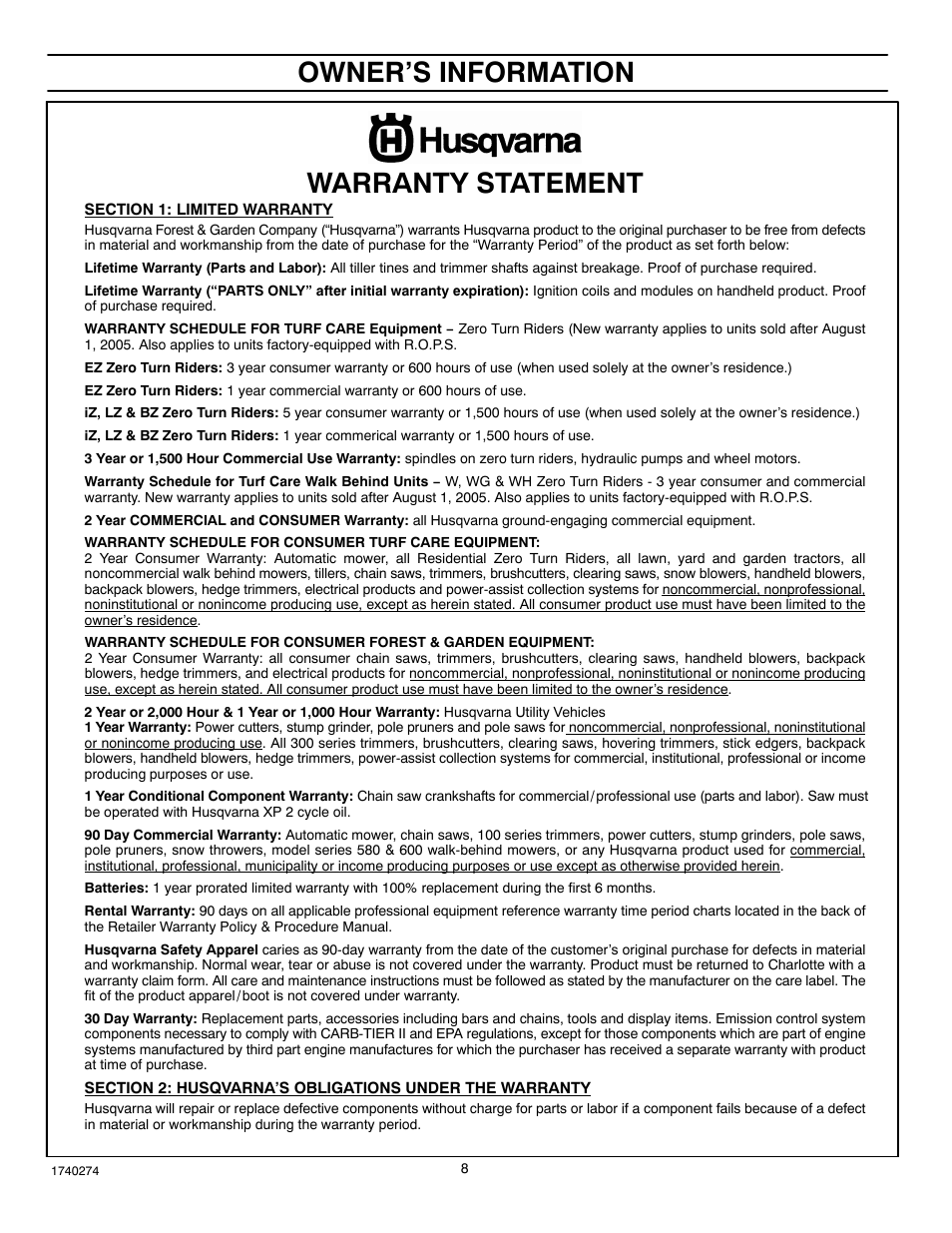 Warranty statement, Owner’s information | Husqvarna 521SSR User Manual | Page 8 / 28