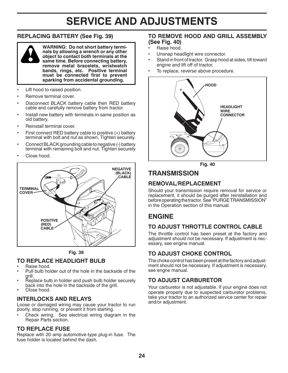 Service and adjustments, Engine, Transmission | Husqvarna 531 30 96-85 User Manual | Page 24 / 45