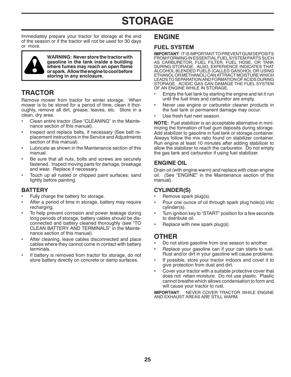 Storage, Tractor, Engine | Other | Husqvarna 531 30 96-85 User Manual | Page 25 / 45