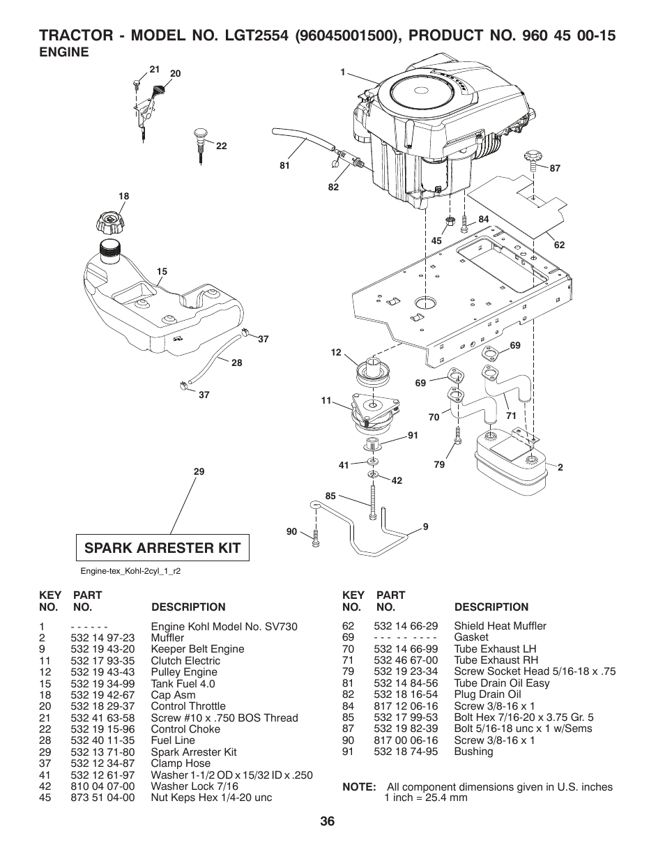 Engine, Spark arrester kit | Husqvarna 531 30 96-85 User Manual | Page 36 / 45