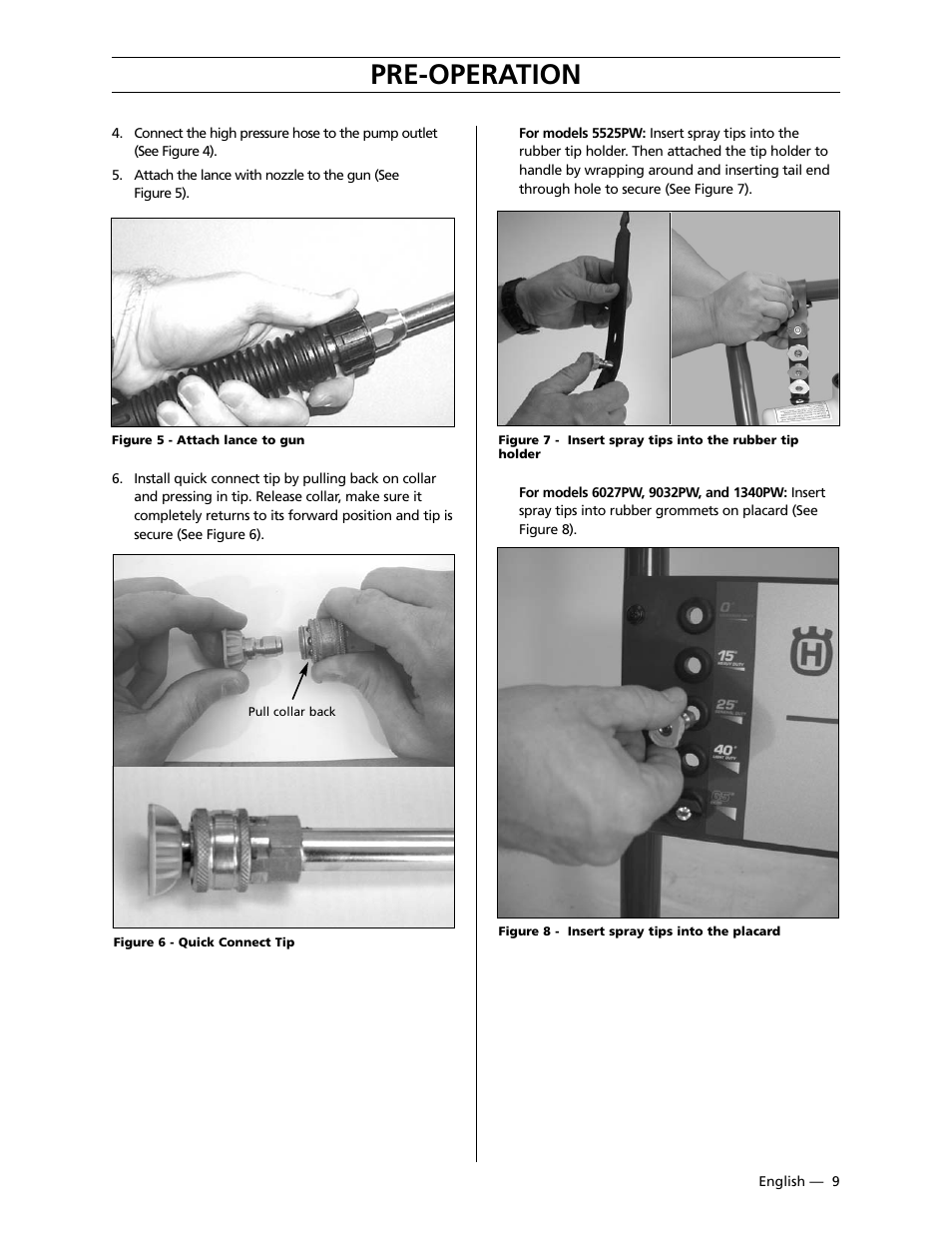 Pre-operation | Husqvarna 9032PW User Manual | Page 10 / 33