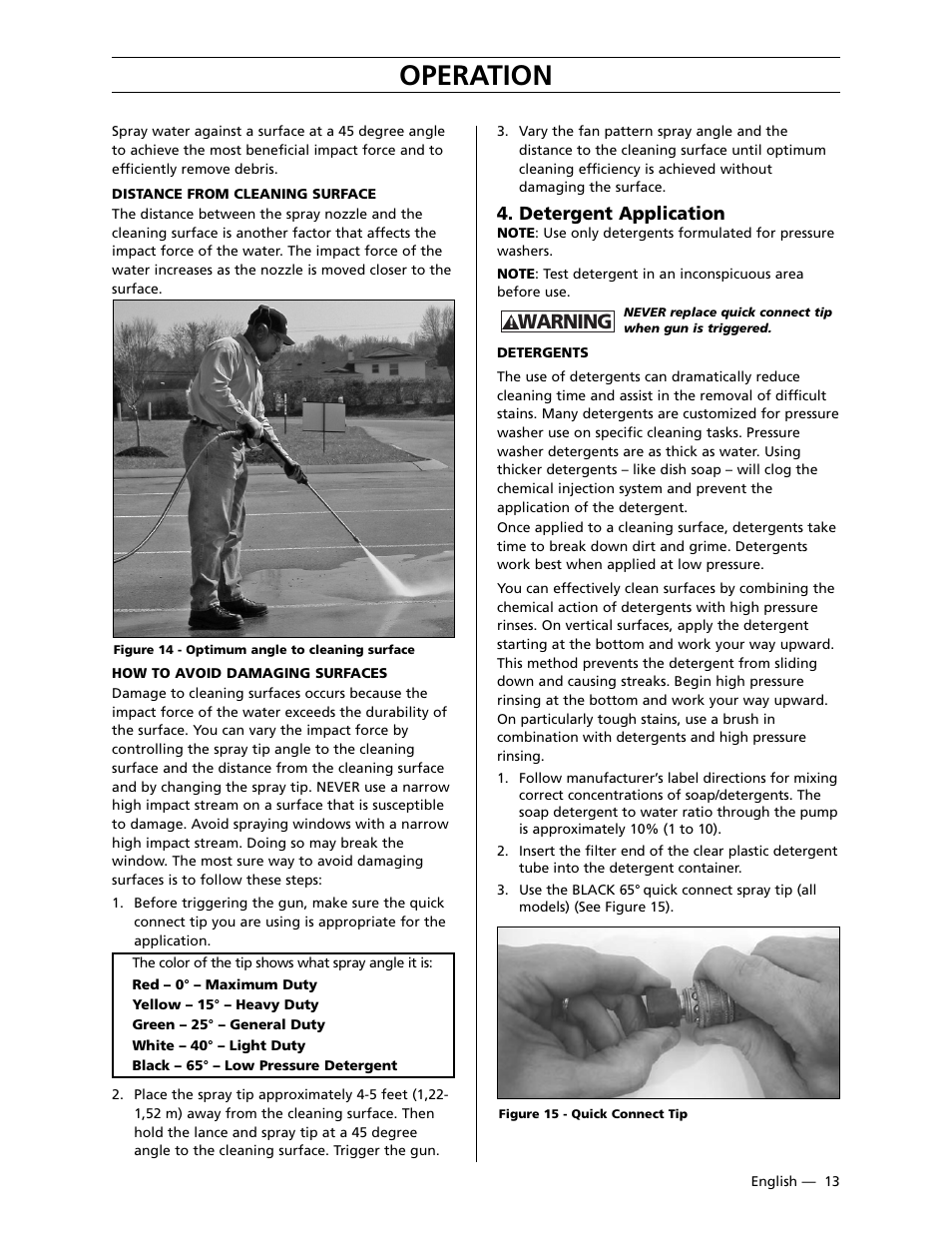 Operation, Warning, Detergent application | Husqvarna 9032PW User Manual | Page 14 / 33
