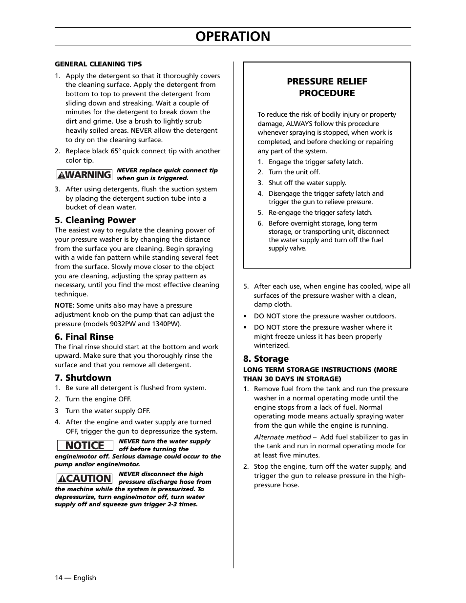 Operation, Notice, Caution | Warning | Husqvarna 9032PW User Manual | Page 15 / 33