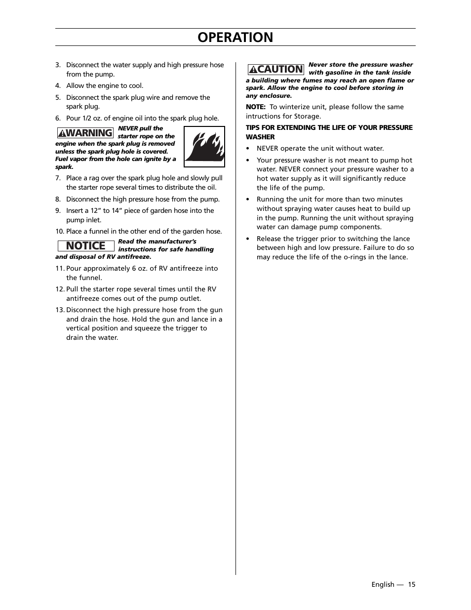 Operation, Notice, Caution | Warning | Husqvarna 9032PW User Manual | Page 16 / 33