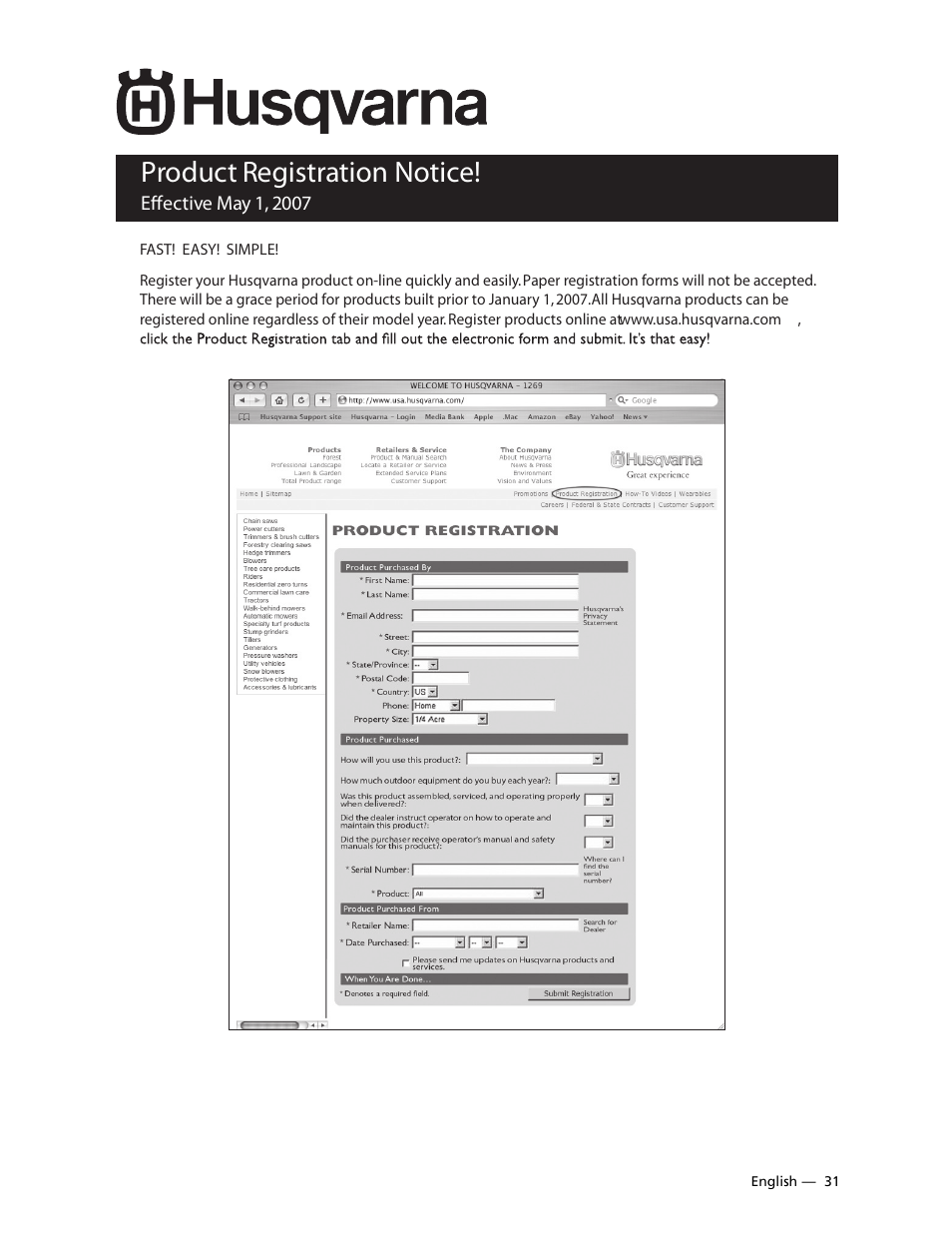 Product registration, Product registration notice | Husqvarna 9032PW User Manual | Page 32 / 33