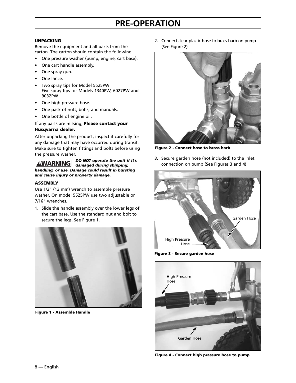 Pre-operation, Warning | Husqvarna 9032PW User Manual | Page 9 / 33