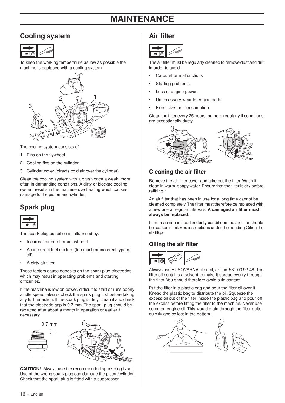 Cooling system, Spark plug, Air filter | Cleaning the air filter, Oiling the air filter, Maintenance | Husqvarna 123HD60 User Manual | Page 16 / 20