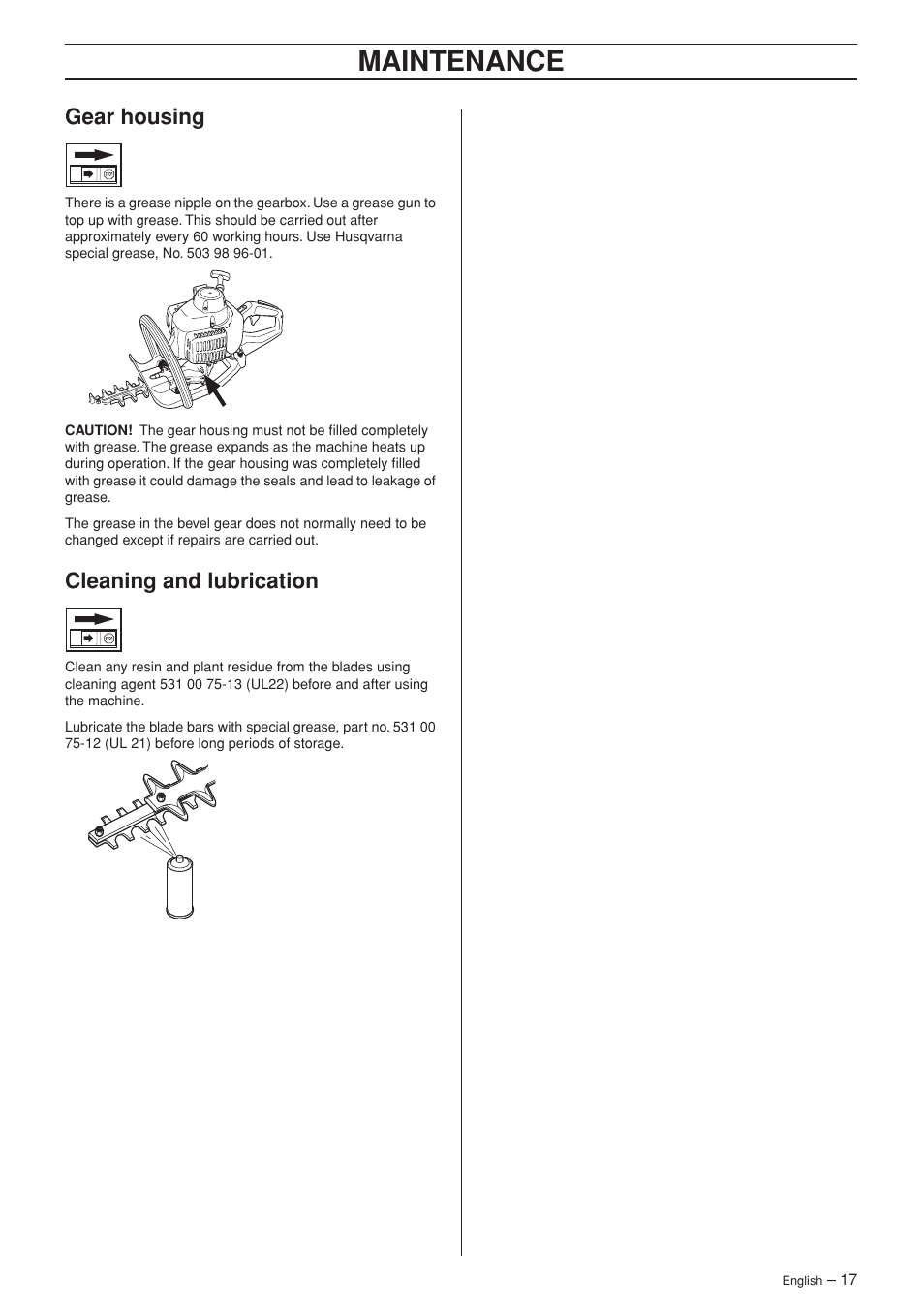Gear housing, Cleaning and lubrication, Maintenance | Husqvarna 123HD60 User Manual | Page 17 / 20