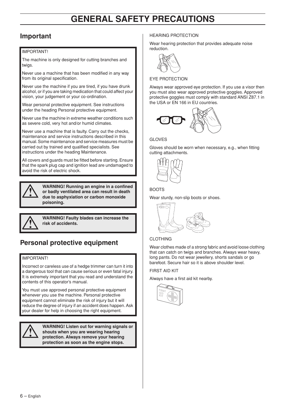 Important, Personal protective equipment, General safety preca utions | Impor tant personal protective equipment | Husqvarna 123HD60 User Manual | Page 6 / 20