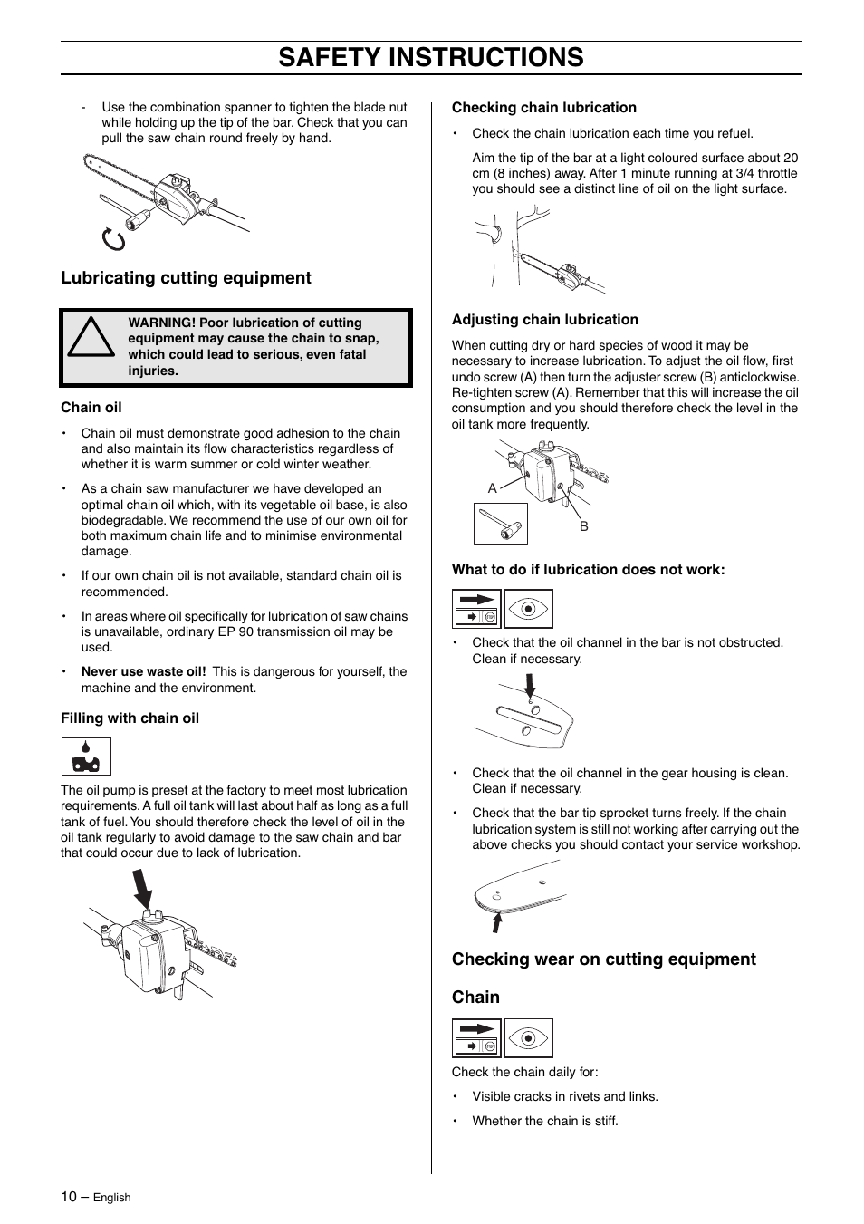 Lubricating cutting equipment, Checking wear on cutting equipment, Chain | Safety instructions, Checking wear on cutting equipment chain | Husqvarna 323P4 User Manual | Page 10 / 32