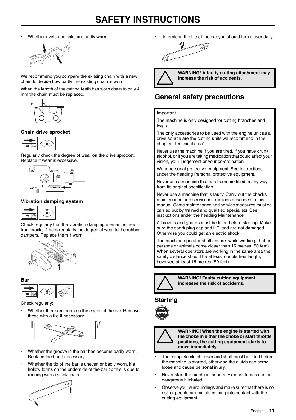 General safety precautions, Starting, Safety instructions | Husqvarna 323P4 User Manual | Page 11 / 32