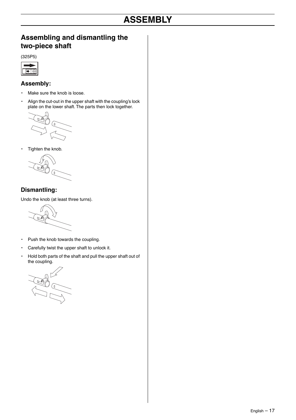 Assembling and dismantling the two-piece shaft, Assembly, Dismantling | Husqvarna 323P4 User Manual | Page 17 / 32