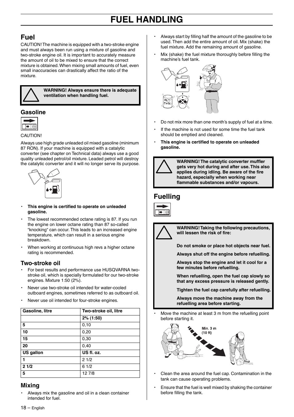 Fuel, Gasoline, Two-stroke oil | Mixing, Fuelling, Fuel handling | Husqvarna 323P4 User Manual | Page 18 / 32