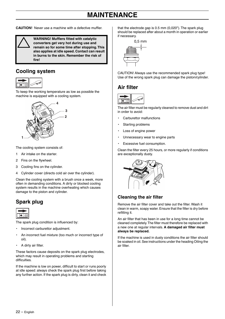 Cooling system, Spark plug, Air filter | Cleaning the air filter, Maintenance, Air ﬁlter, Cleaning the air ﬁlter | Husqvarna 323P4 User Manual | Page 22 / 32