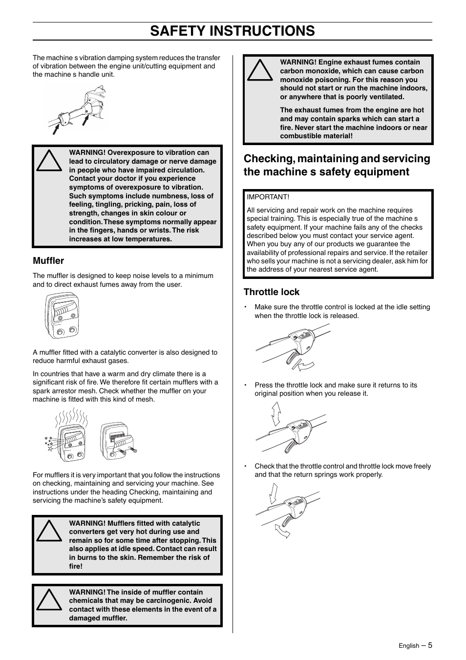 Muffler, Throttle lock, Safety instructions | Husqvarna 323P4 User Manual | Page 5 / 32