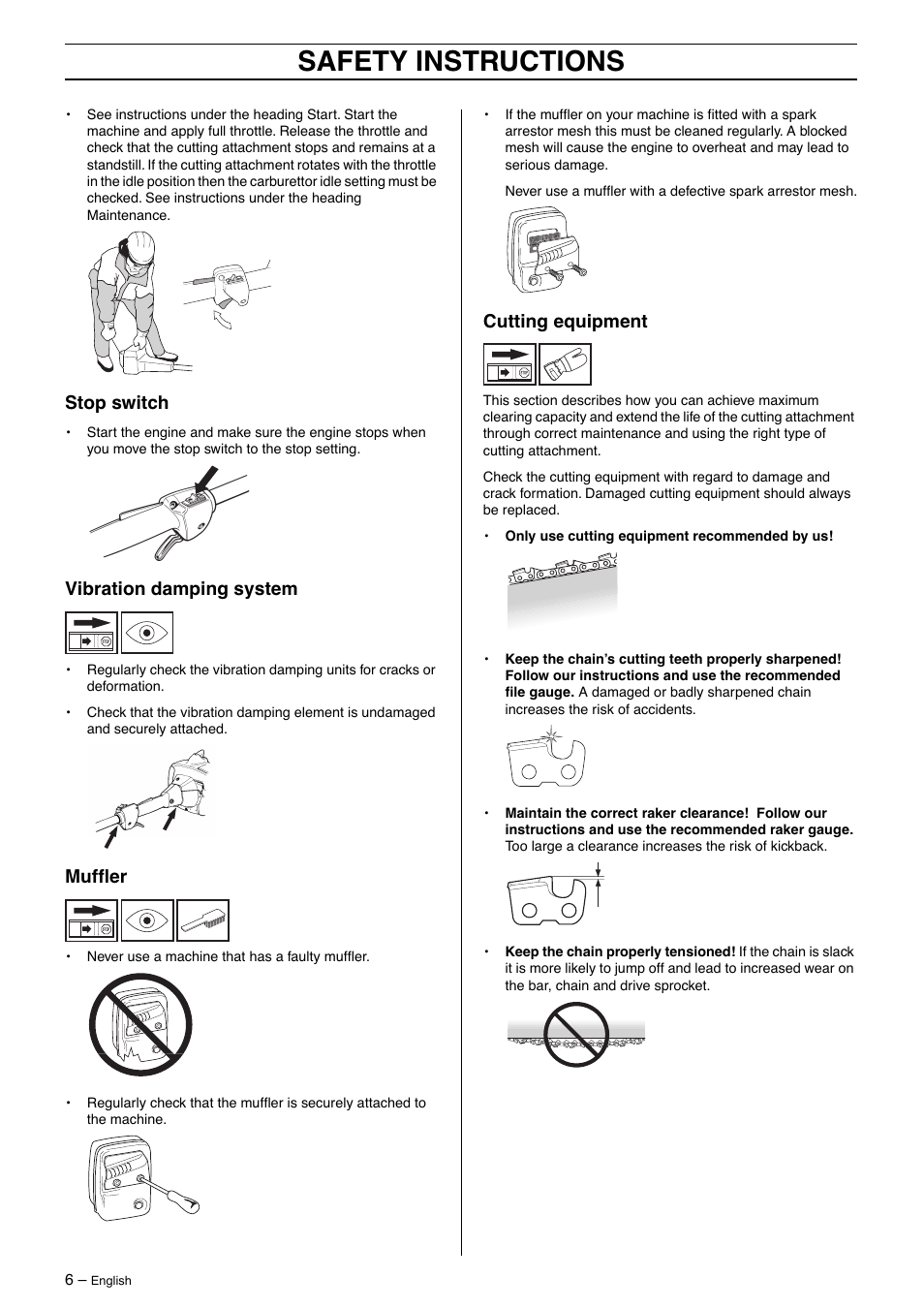 Stop switch, Vibration damping system, Muffler | Cutting equipment, Safety instructions, Mufﬂer | Husqvarna 323P4 User Manual | Page 6 / 32