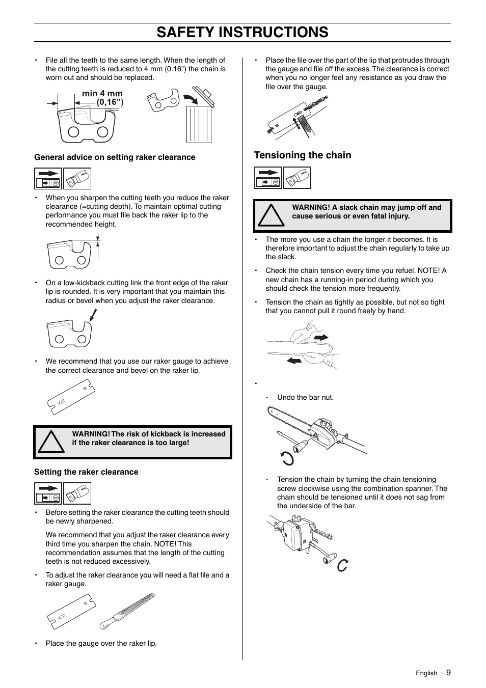 Tensioning the chain, Safety instructions | Husqvarna 323P4 User Manual | Page 9 / 32