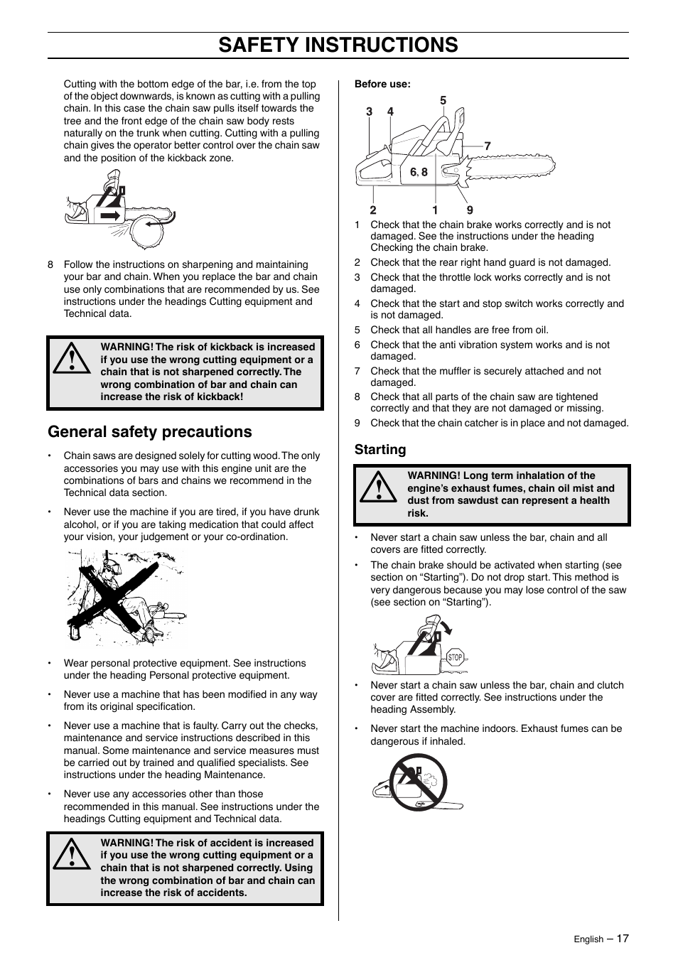 General safety precautions, Starting, Safety instructions | Husqvarna 395XP User Manual | Page 17 / 40