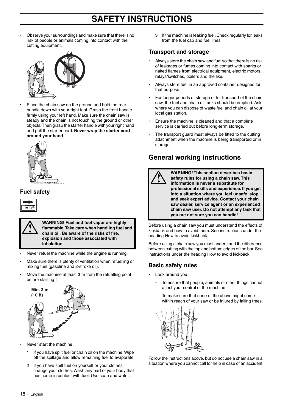 Fuel safety, Transport and storage, General working instructions | Basic safety rules, Safety instructions | Husqvarna 395XP User Manual | Page 18 / 40