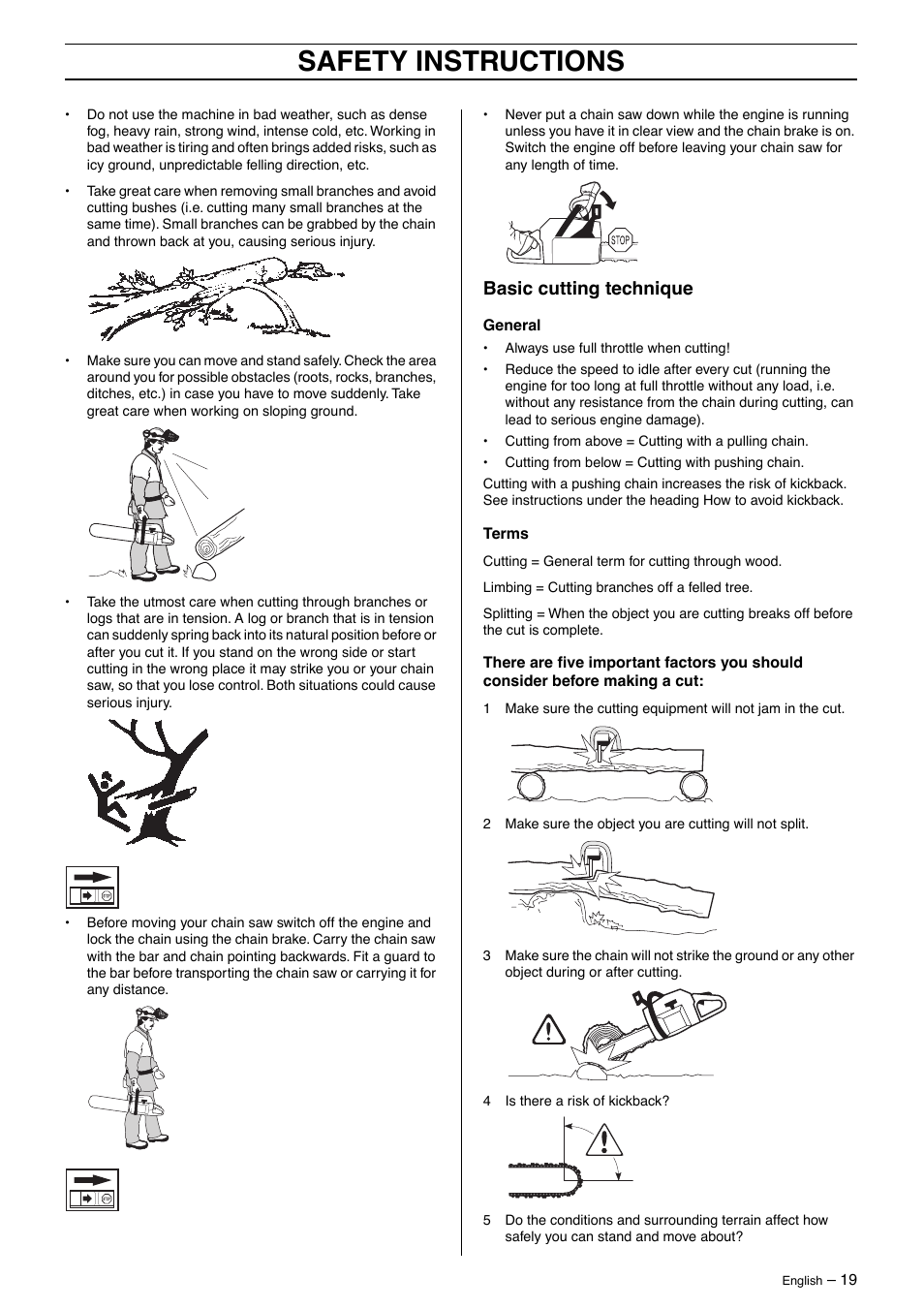 Basic cutting technique, Safety instructions | Husqvarna 395XP User Manual | Page 19 / 40