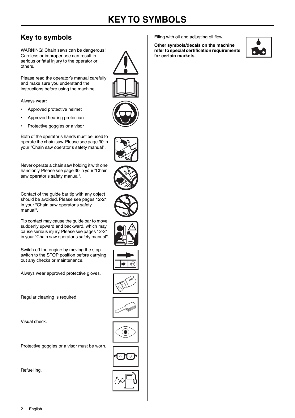 Key to symbols | Husqvarna 395XP User Manual | Page 2 / 40