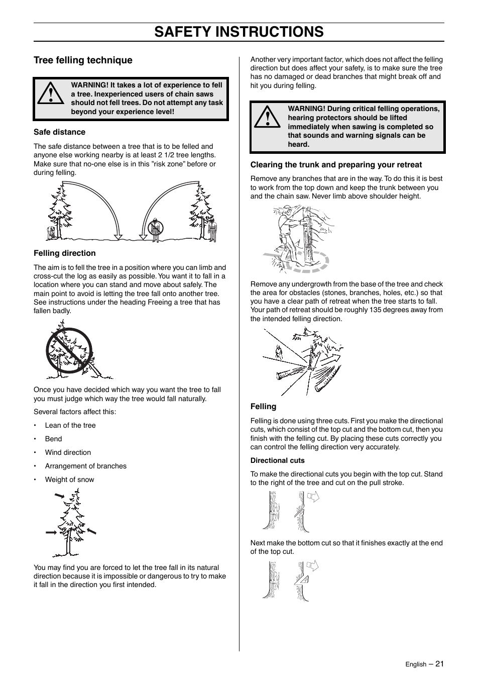 Tree felling technique, Safety instructions | Husqvarna 395XP User Manual | Page 21 / 40