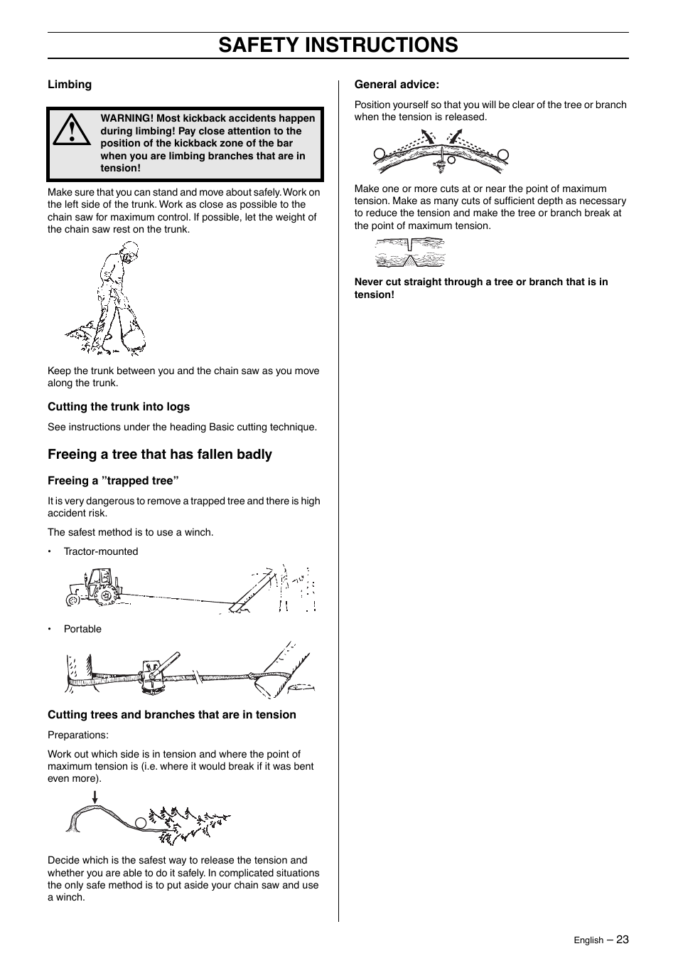 Freeing a tree that has fallen badly, Safety instructions | Husqvarna 395XP User Manual | Page 23 / 40