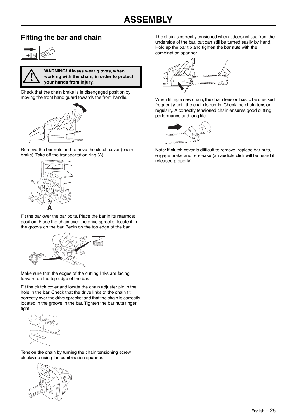 Fitting the bar and chain, Assembly | Husqvarna 395XP User Manual | Page 25 / 40