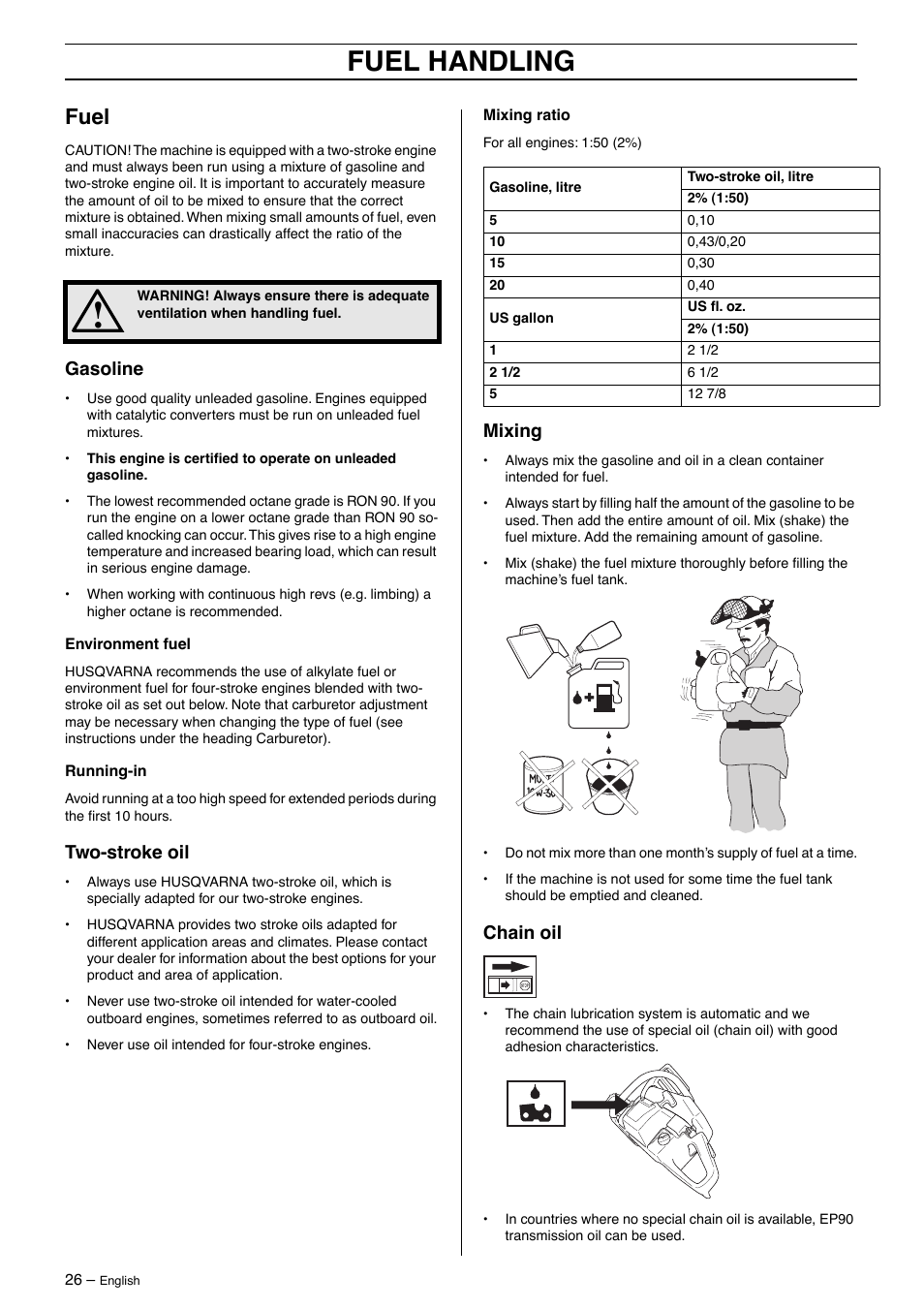 Fuel, Gasoline, Two-stroke oil | Mixing, Chain oil, Fuel handling | Husqvarna 395XP User Manual | Page 26 / 40