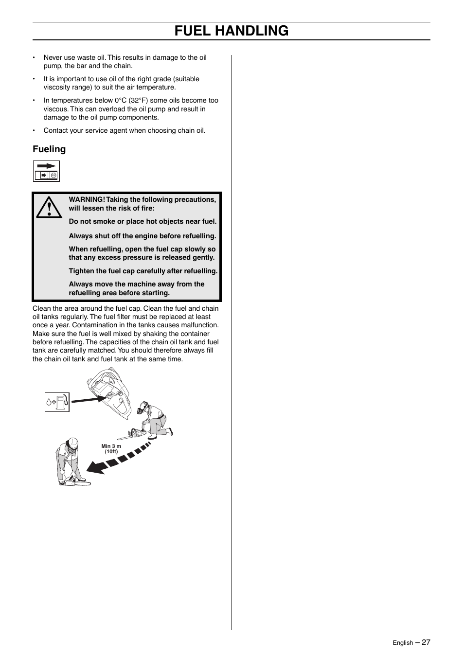 Fueling, Fuel handling | Husqvarna 395XP User Manual | Page 27 / 40