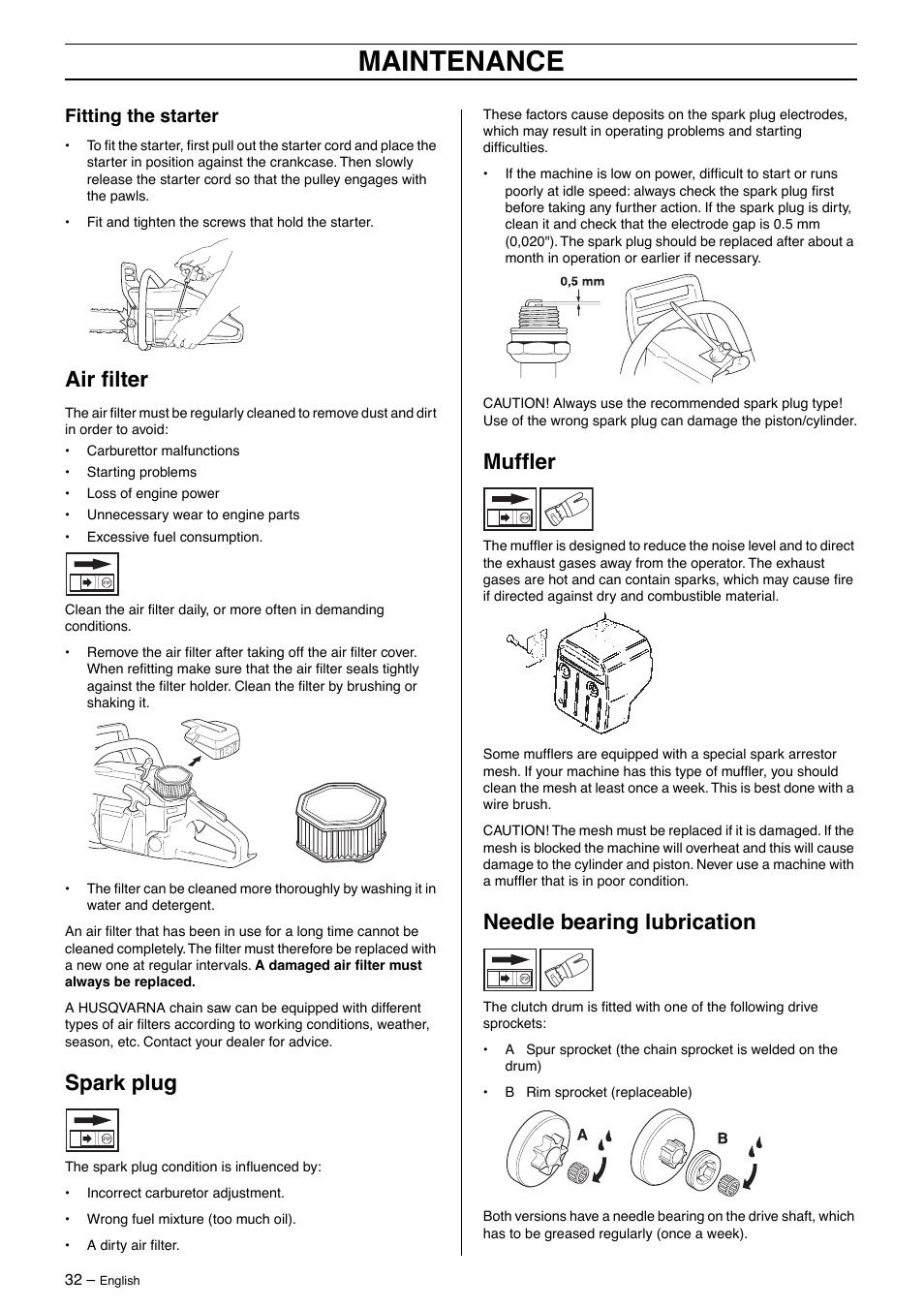 Fitting the starter, Air filter, Spark plug | Muffler, Needle bearing lubrication, Maintenance | Husqvarna 395XP User Manual | Page 32 / 40