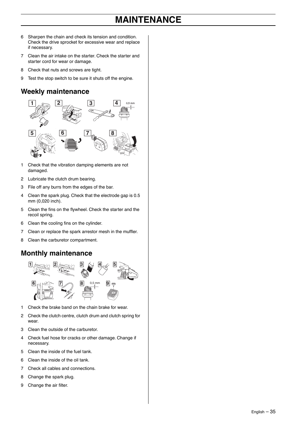 Weekly maintenance, Monthly maintenance, Maintenance | Husqvarna 395XP User Manual | Page 35 / 40
