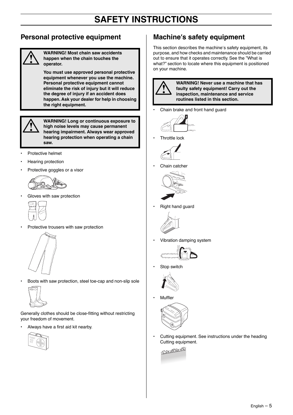 Personal protective equipment, Machine¢s safety equipment, Safety instructions | Machine ′′′′ s safety equipment | Husqvarna 395XP User Manual | Page 5 / 40