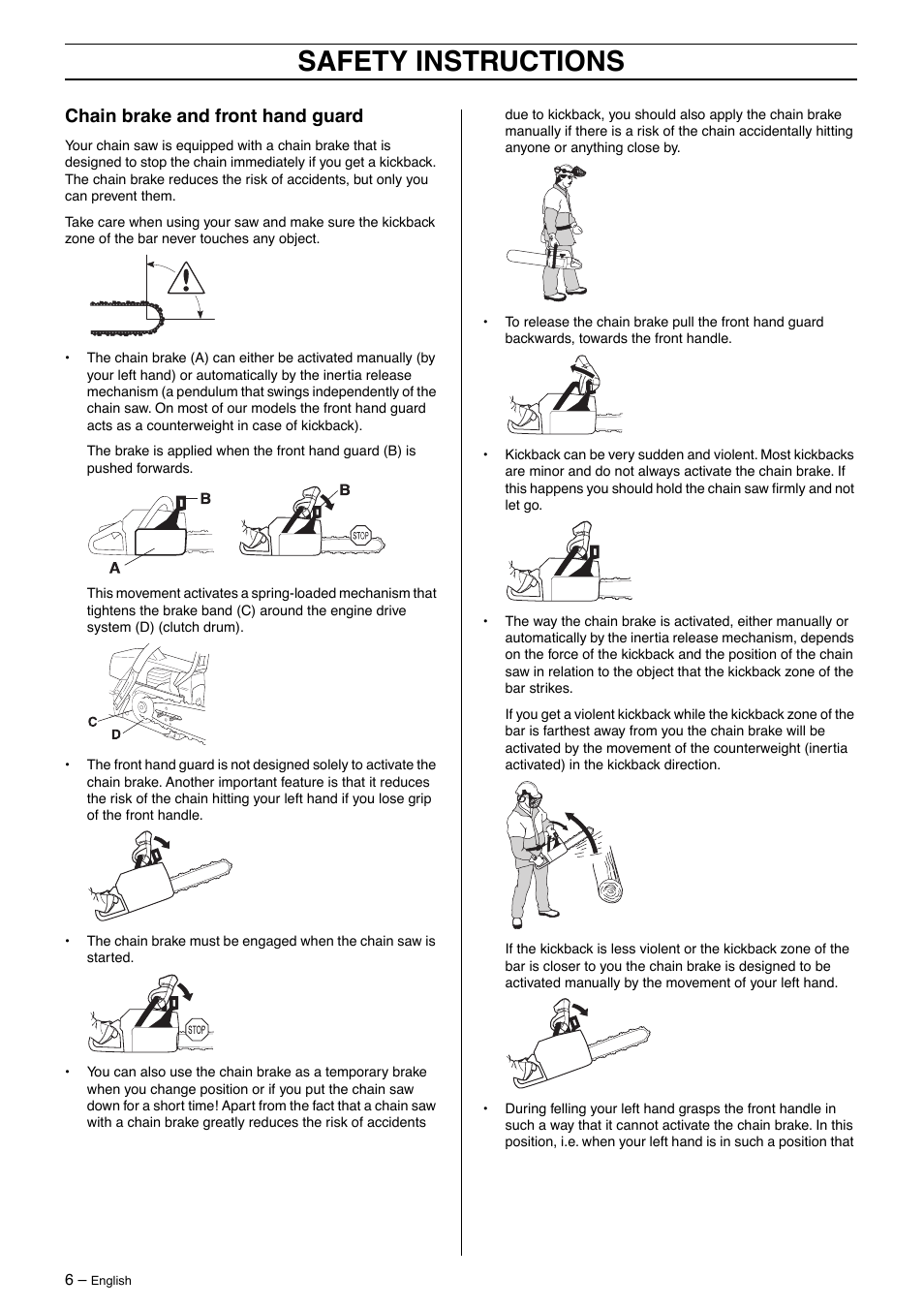 Chain brake and front hand guard, Safety instructions | Husqvarna 395XP User Manual | Page 6 / 40