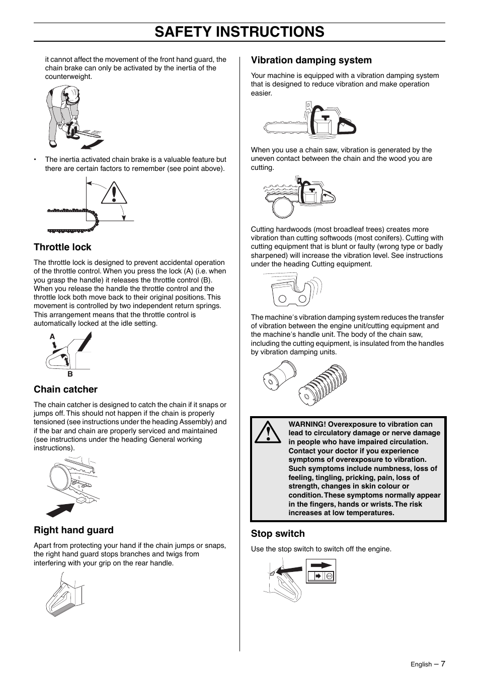 Throttle lock, Chain catcher, Right hand guard | Vibration damping system, Stop switch, Safety instructions | Husqvarna 395XP User Manual | Page 7 / 40