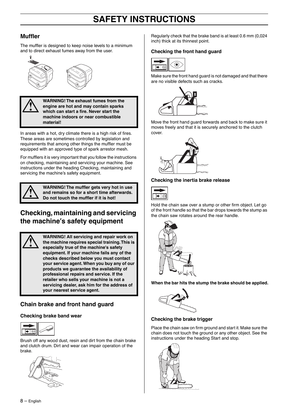 Muffler, Chain brake and front hand guard, Safety instructions | Husqvarna 395XP User Manual | Page 8 / 40